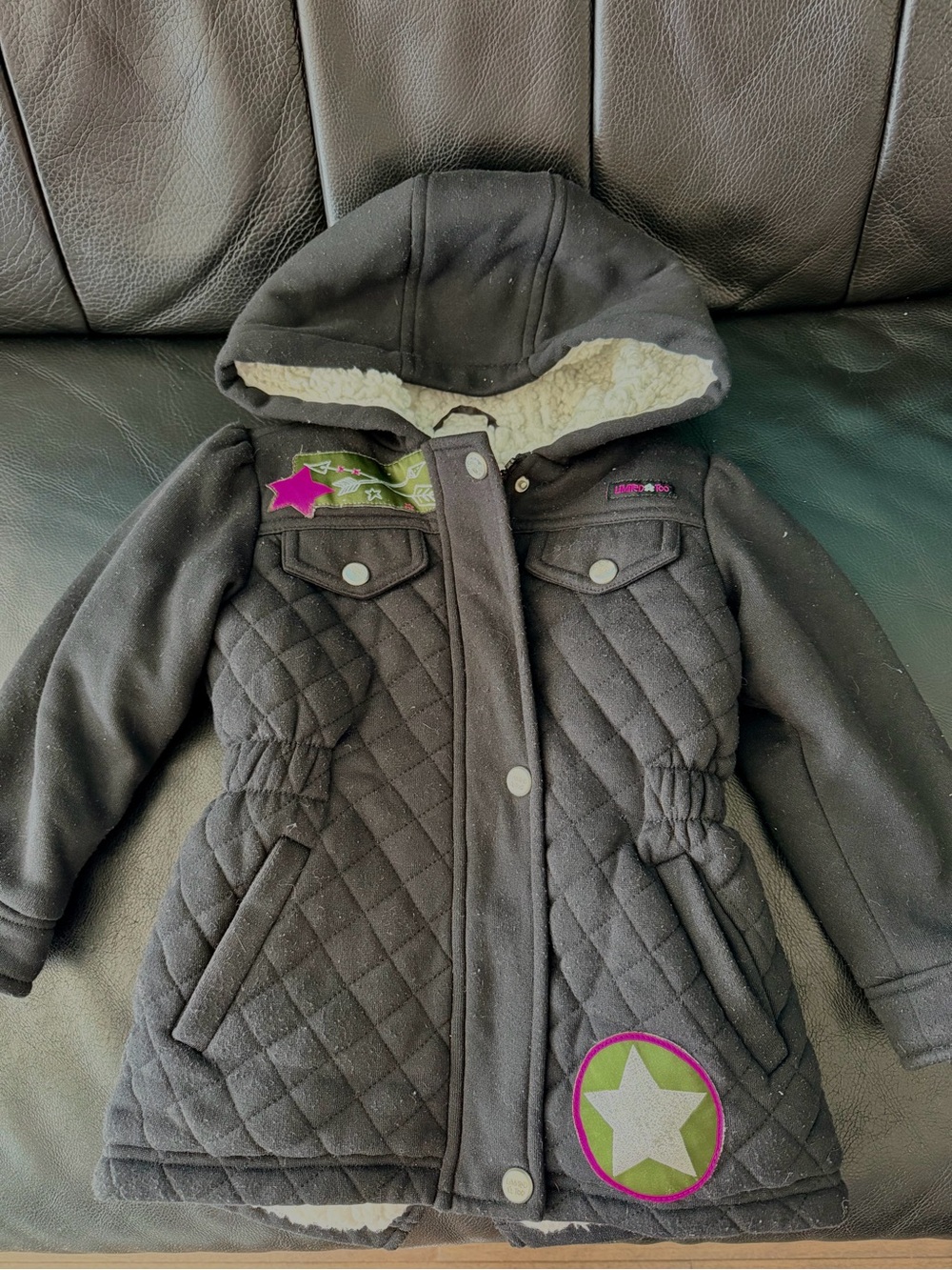 Limited Too Black Quilted Hooded Pea Coat with Star Patch